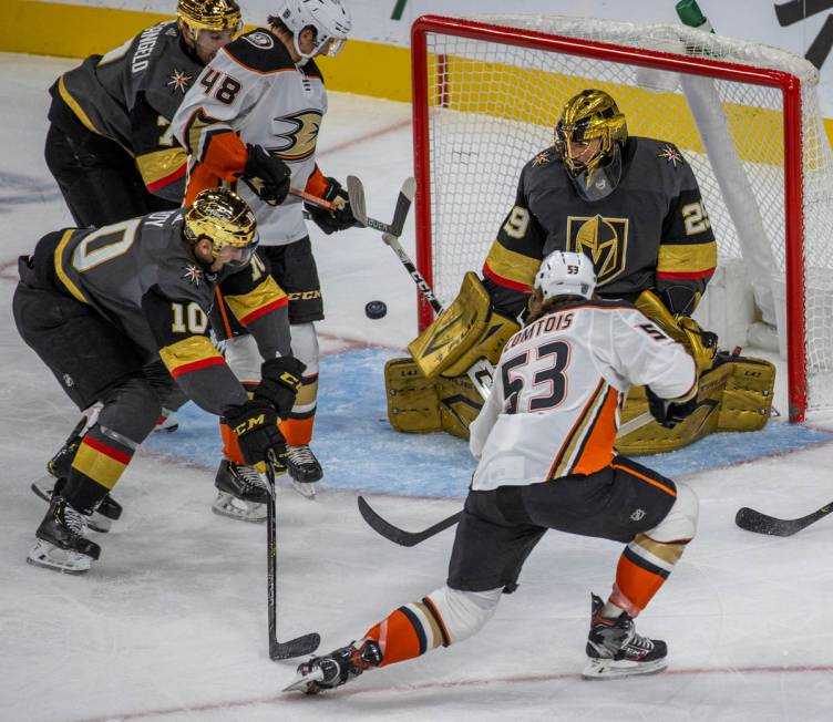 Anaheim Ducks left wing Max Comtois (53) scores as Golden Knights goaltender Marc-Andre Fleury ...