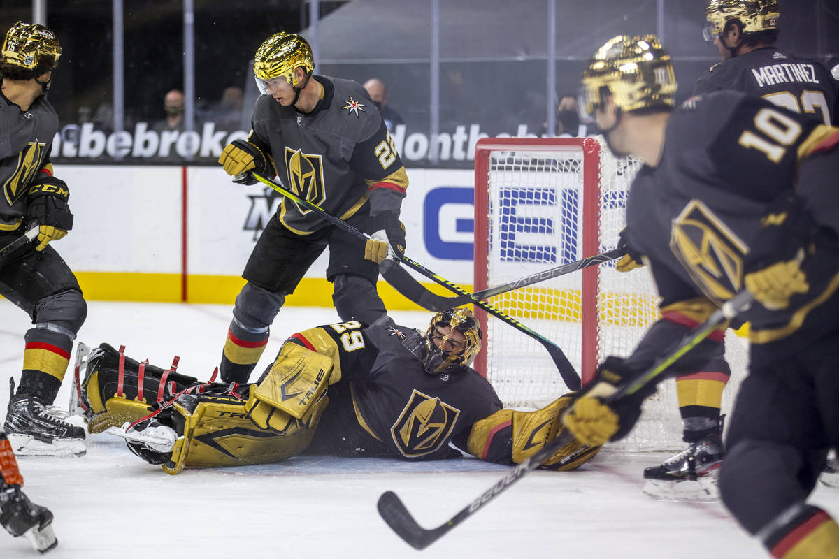 Golden Knights goaltender Marc-Andre Fleury (29) on the ice after defending the net versus the ...