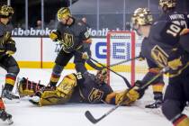 Golden Knights goaltender Marc-Andre Fleury (29) on the ice after defending the net versus the ...