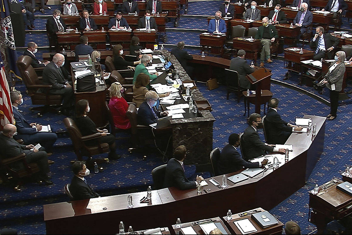 In this image from video, senators vote during the second impeachment trial of former President ...