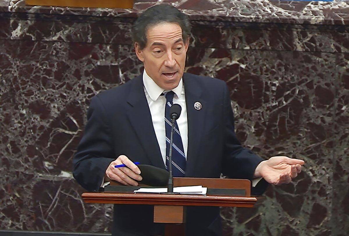 In this image from video, House impeachment manager Rep. Jamie Raskin, D-Md., speaks about the ...