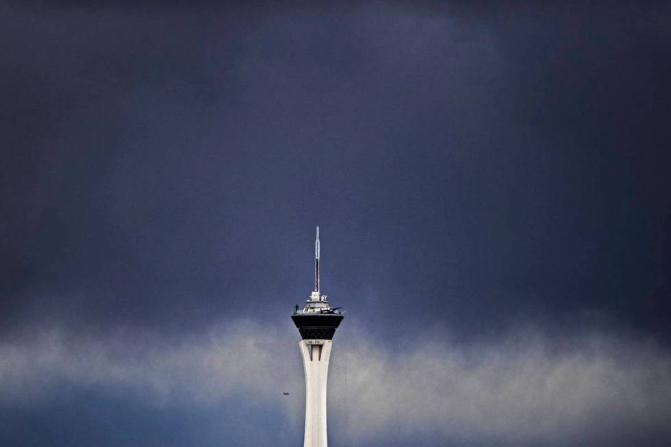 Heavy winds and rain pass by The Strat on Saturday, Feb. 13, 2021, in Las Vegas. (Benjamin Hage ...