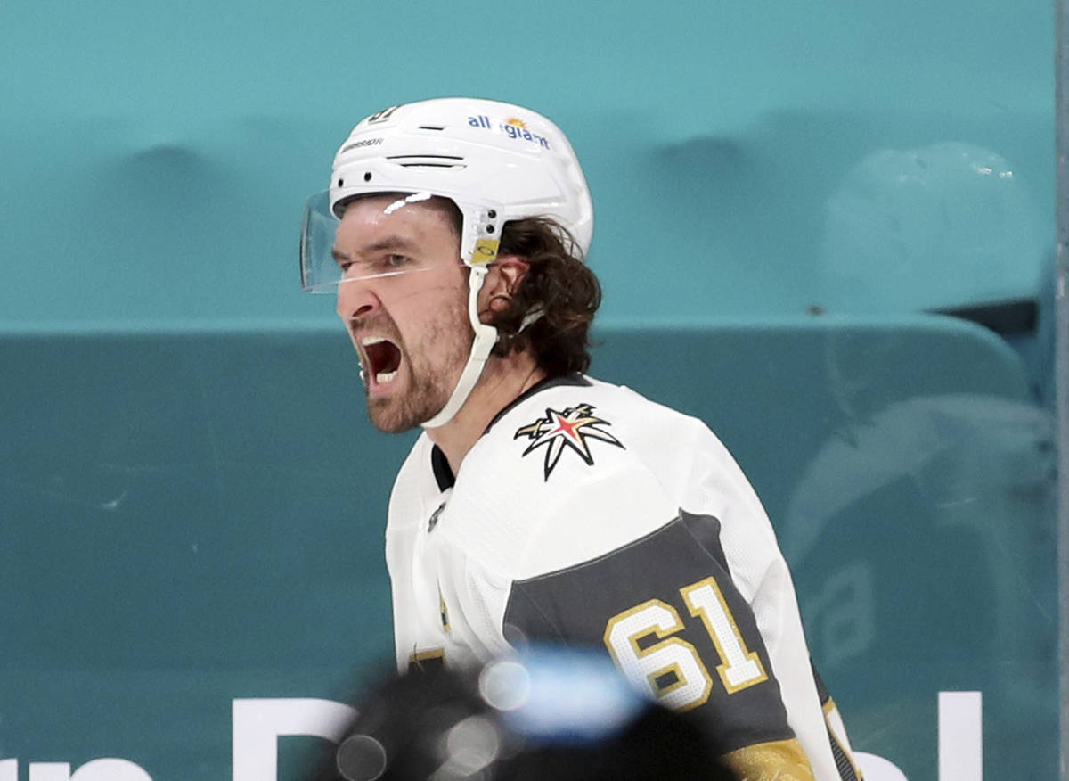 Vegas Golden Knights right wing Mark Stone (61) reacts after scoring a goal against the San Jos ...