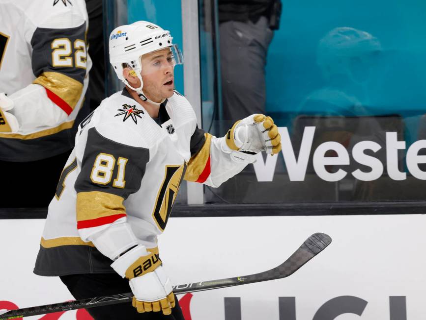 Vegas Golden Knights center Jonathan Marchessault (81) celebrates after scoring a goal against ...