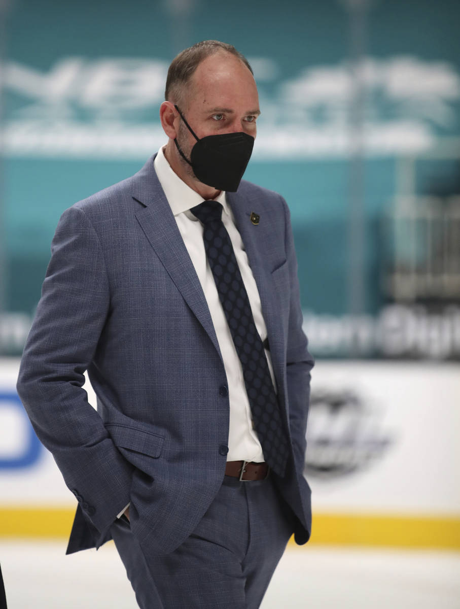 Vegas Golden Knights coach Peter DeBoer leaves the ice at the end of the first period during an ...