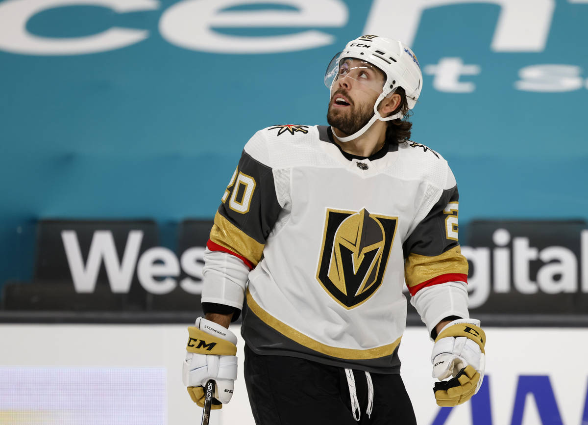 Vegas Golden Knights center Chandler Stephenson (20) looks up after scoring a goal against the ...