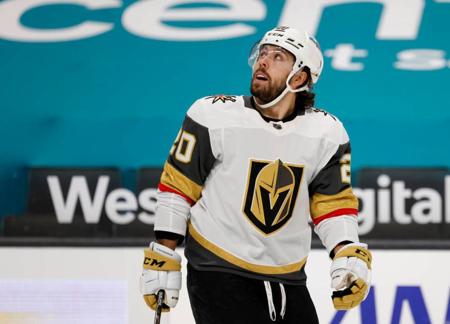 Vegas Golden Knights center Chandler Stephenson (20) looks up after scoring a goal against the ...