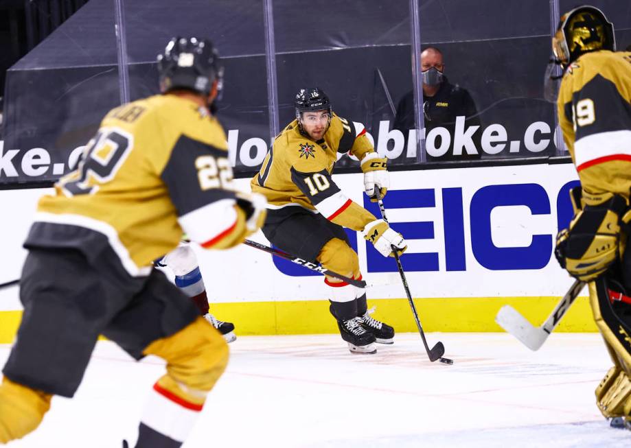 Golden Knights center Nicolas Roy (10) skates with the puck during the first period of an NHL h ...