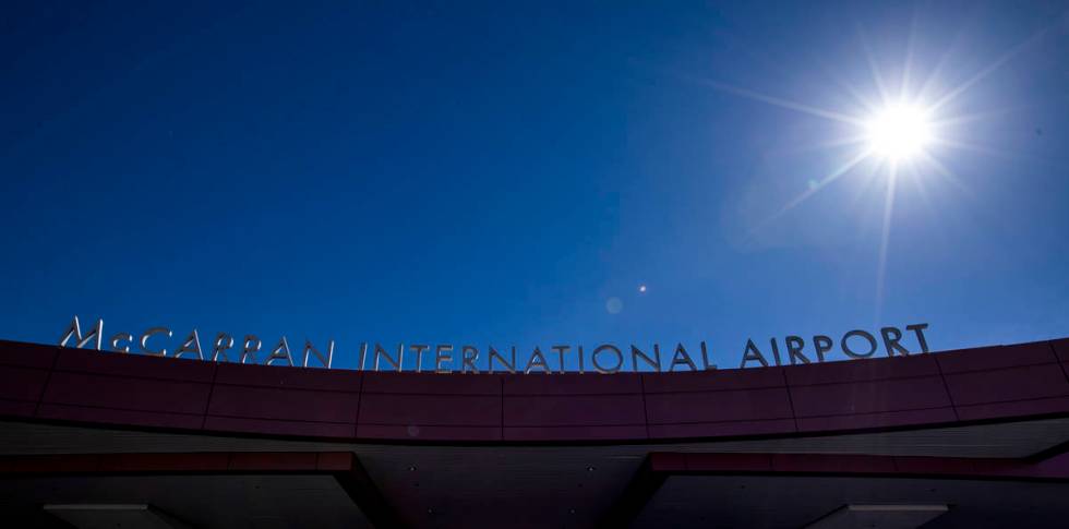 Signage outside the Terminal 1 baggage area at McCarran International Airport which the Clark C ...