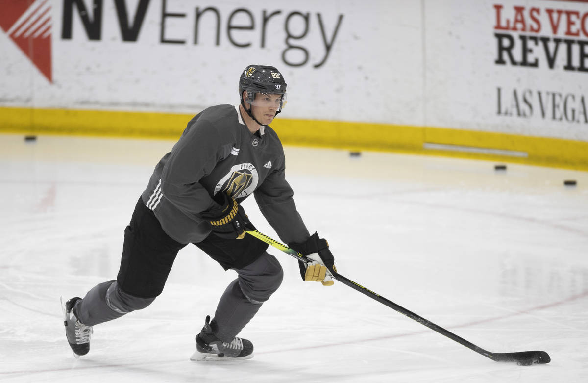 Golden Knights defenseman Nick Holden (22) works through a drill during practice at City Nation ...