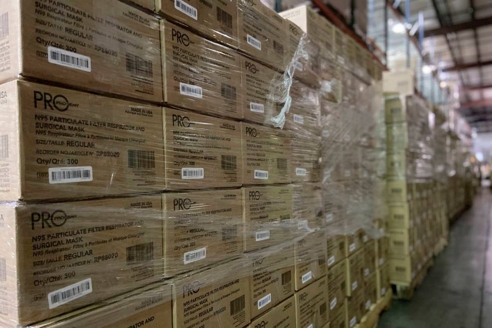 This Friday, Feb. 5, 2021 photo provided by Prestige Ameritech shows boxes of the company's N95 ...