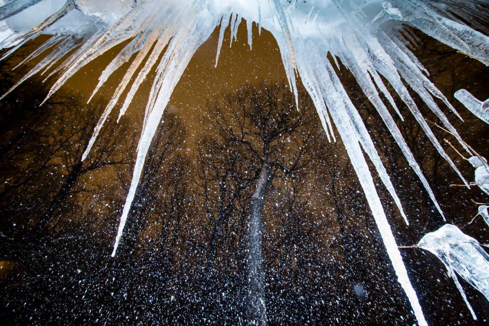 A camera flash illuminates snow near icicles Monday, Feb. 15 at the Rum Village Nature Center i ...