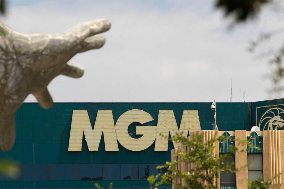 MGM Grand sign and the Bliss Dance statue at The Park photographed on Friday, Aug. 28, 2020, in ...