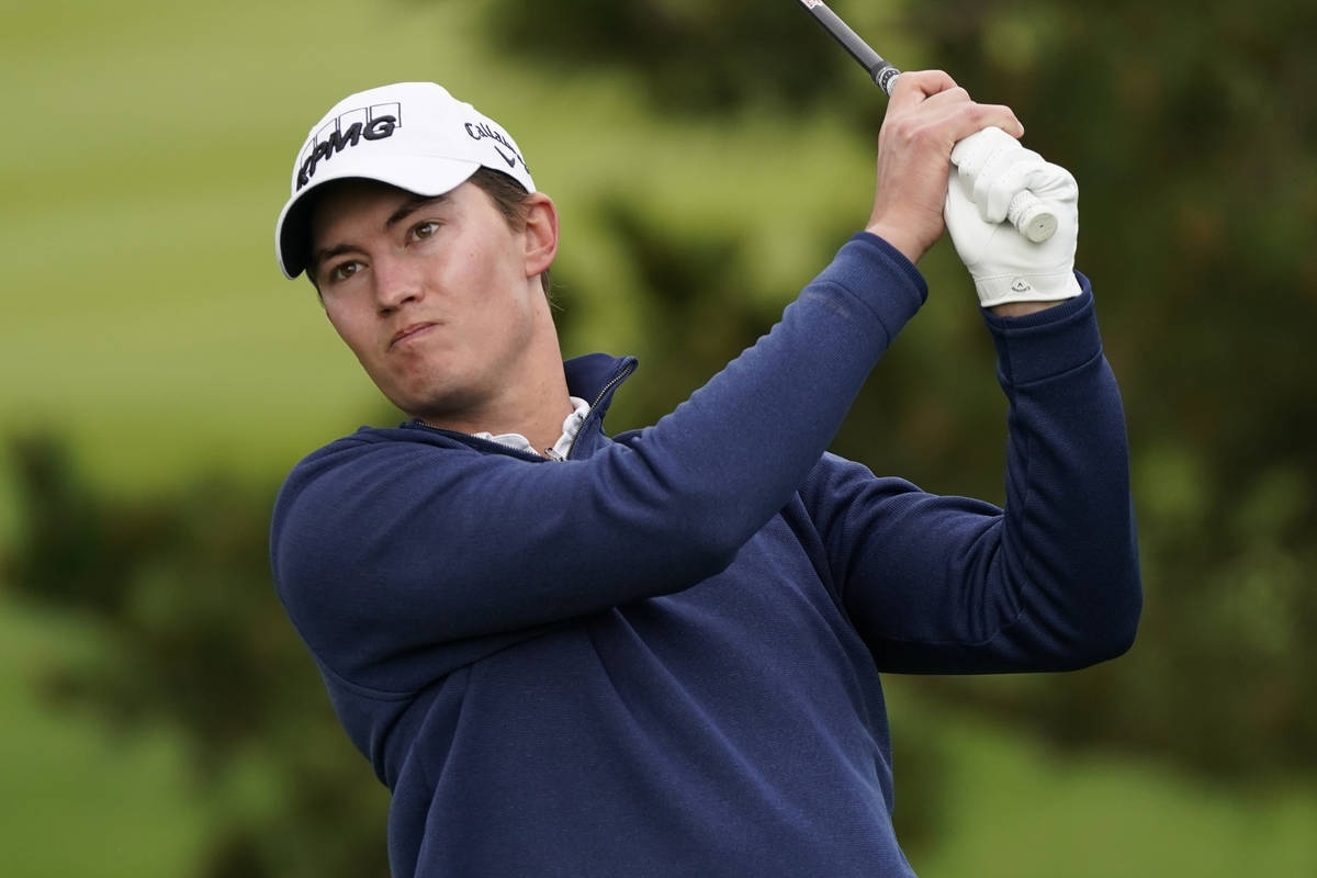 Maverick McNealy follows his drive from the second tee of the Pebble Beach Golf Links during th ...