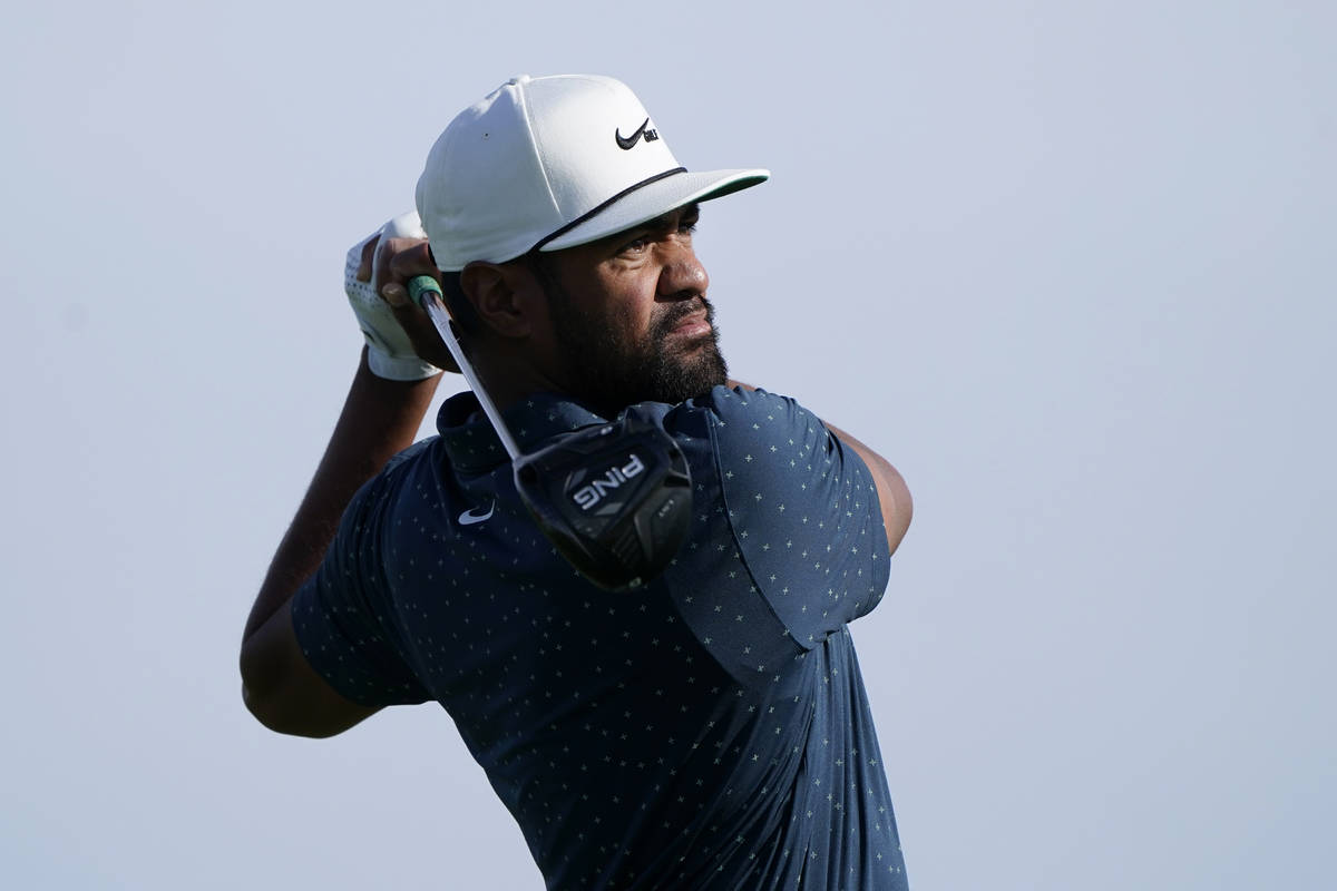 Tony Finau hits from the second tee on the South Course during the final round of the Farmers I ...