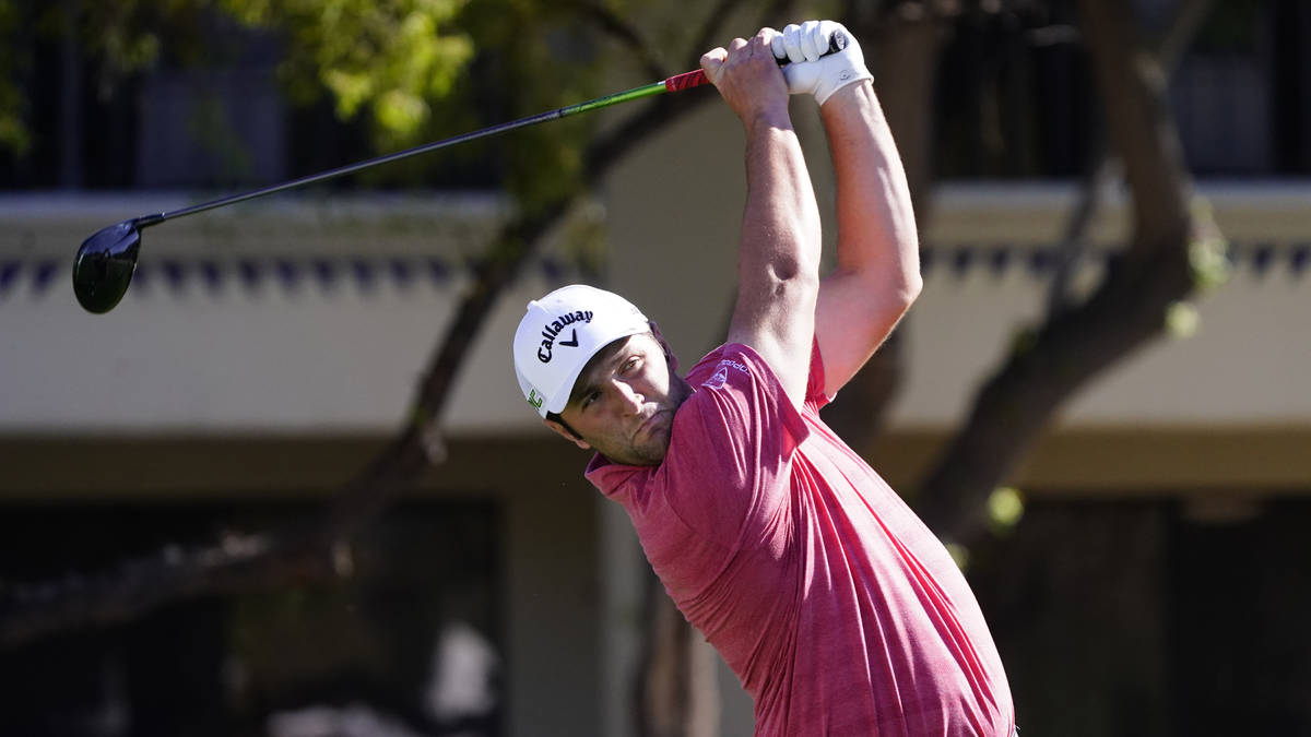 Jon Rahm on the 5th hole during the final round of a PGA golf tournament on Sunday, Feb. 7, 202 ...