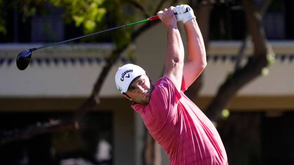 Jon Rahm on the 5th hole during the final round of a PGA golf tournament on Sunday, Feb. 7, 202 ...