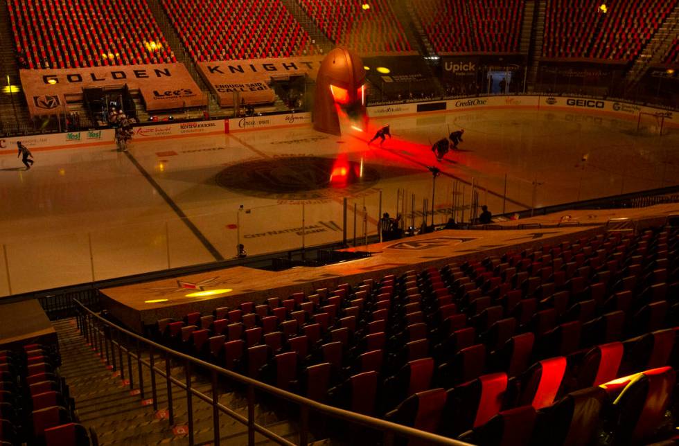 The Golden Knights take the ice to an arena empty of fans due to the COVID-19 pandemic before t ...