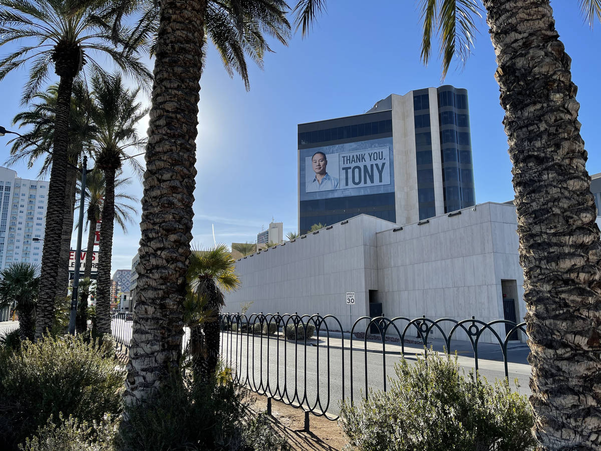 One of two building wraps on Zappos headquarters in downtown Las Vegas Tuesday, Jan. 5, 2021, h ...