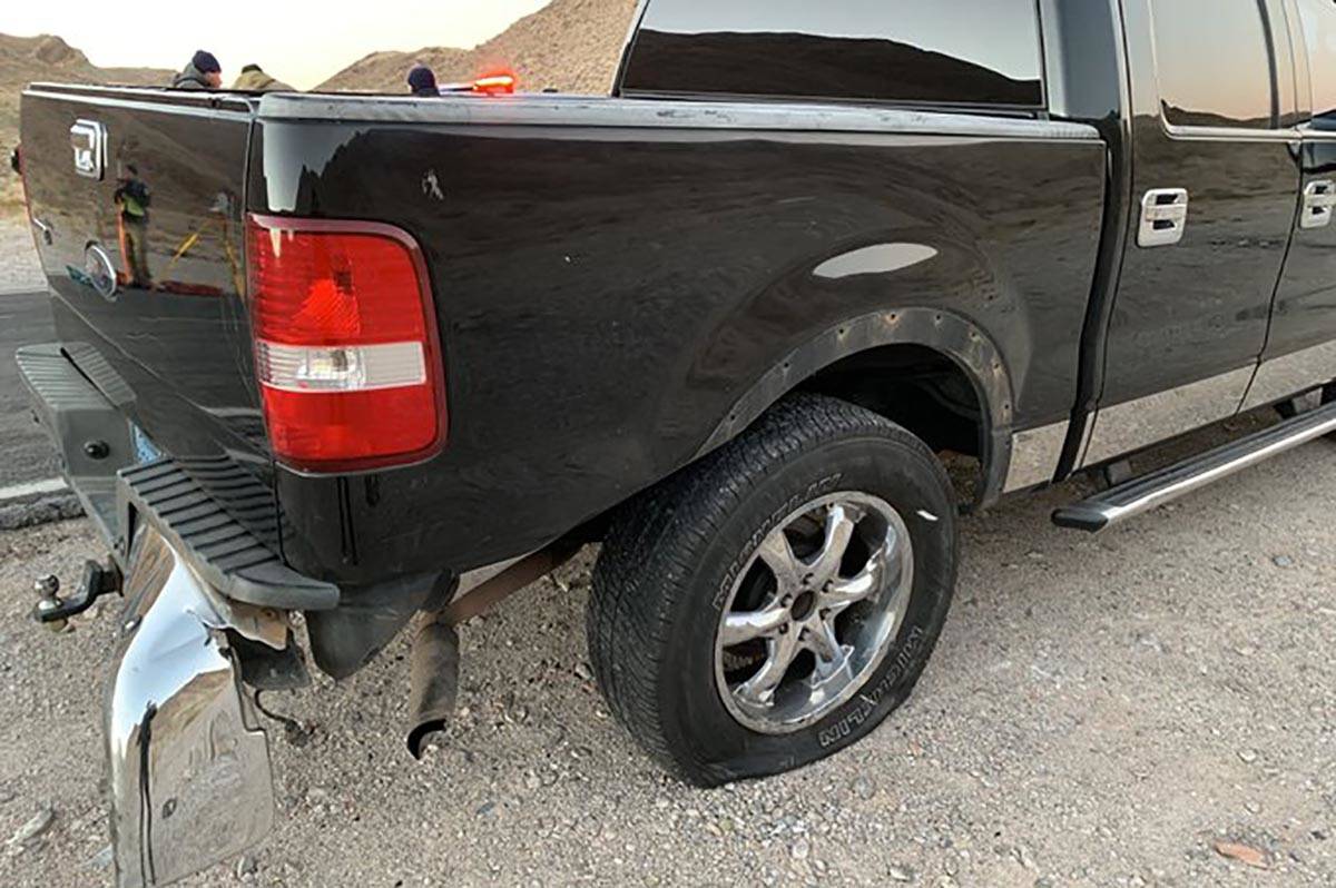 Damage was minor to a Ford F-150 when it was struck by a blue Hyundai in the far northeast Las ...