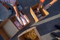 Three Square Food Bank volunteers grab frozen pork tenderloin, frozen blueberries and sack pack ...