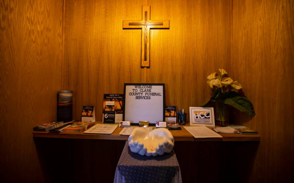 A view near the lobby at Clark County Funeral Services in Las Vegas on Jan. 22, 2021. (Chase St ...