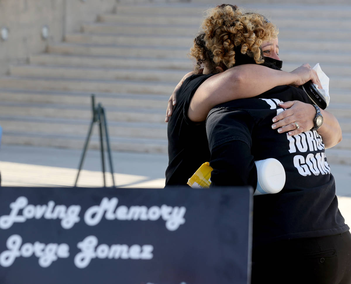 Jeanne Llera, left, mother of Jorge Gomez, a Black Lives Matter protester who was shot and kill ...