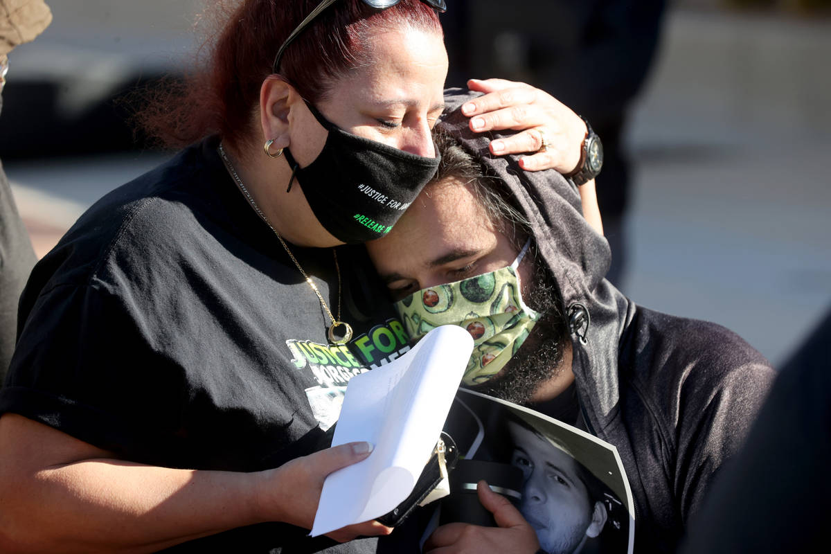 Jeanne Llera, left, mother of Jorge Gomez, a Black Lives Matter protester who was shot and kill ...