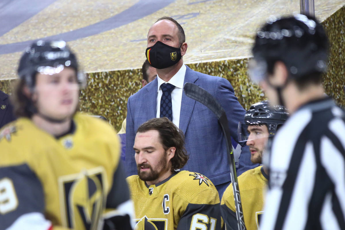 In this Jan. 16, 2021, file photo, Golden Knights head coach Pete DeBoer looks on during an N ...