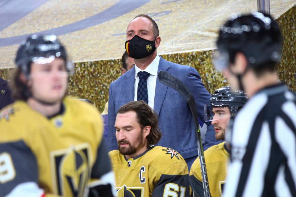 In this Jan. 16, 2021, file photo, Golden Knights head coach Pete DeBoer looks on during an N ...
