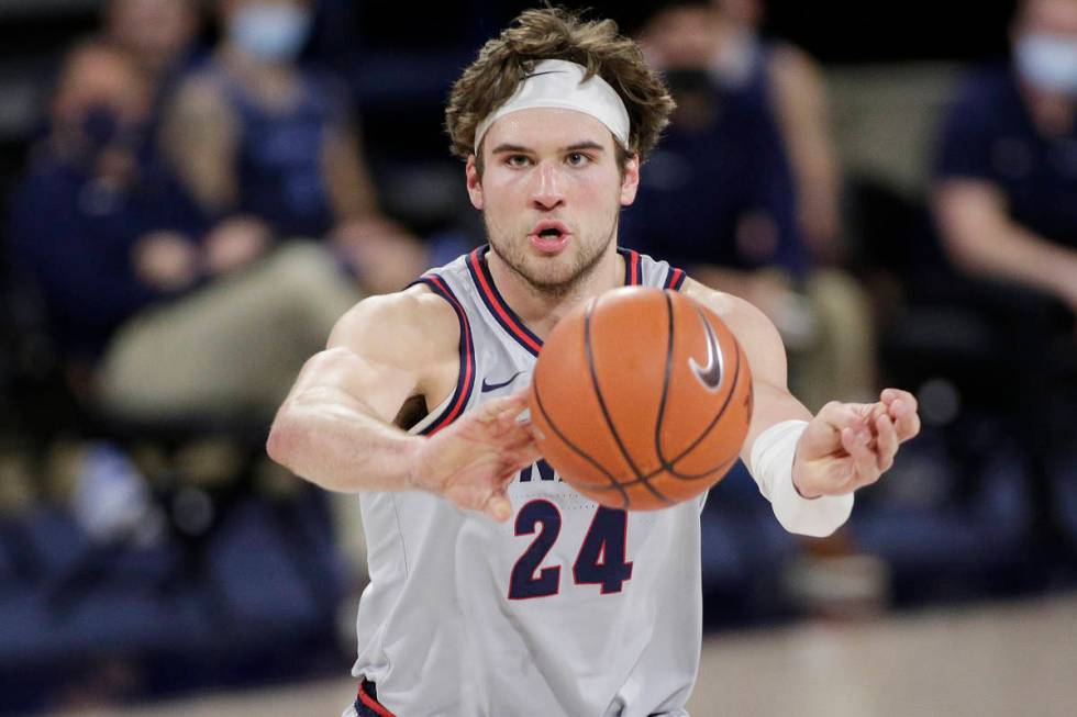 Gonzaga forward Corey Kispert passes the ball during the second half of an NCAA college basketb ...