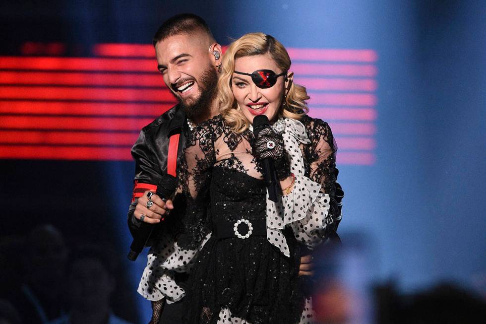 Maluma, left, and Madonna perform "Medellin" at the Billboard Music Awards on Wednesday, May 1, ...