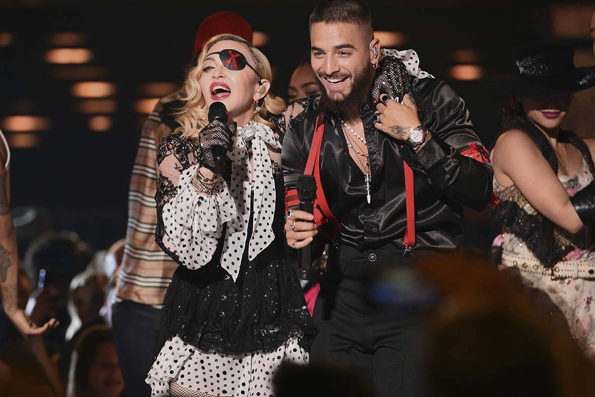 Maluma and Madonna perform "Medellin" at the Billboard Music Awards on Wednesday, May 1, 2019, ...