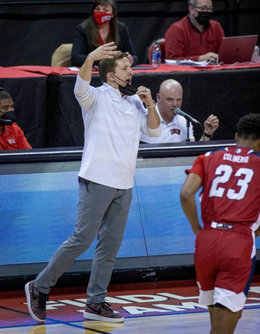 UNLV Rebels head coach T.J.Otzelberger directs his players versus the Fresno State Bulldogs dur ...
