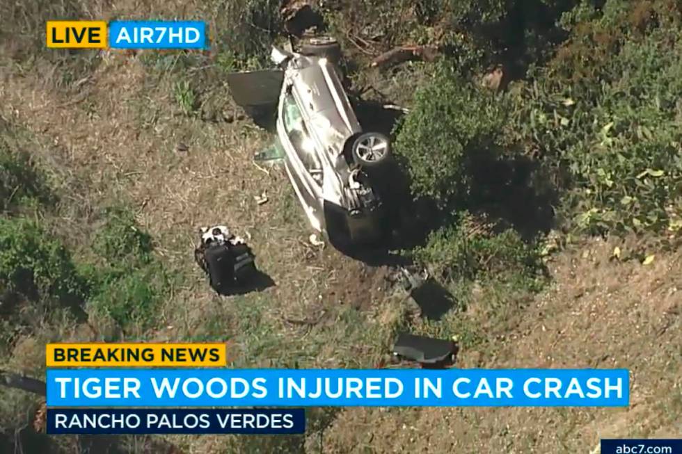 In this aerial image take from video provided by KABC-TV video, a vehicle rest on its side afte ...