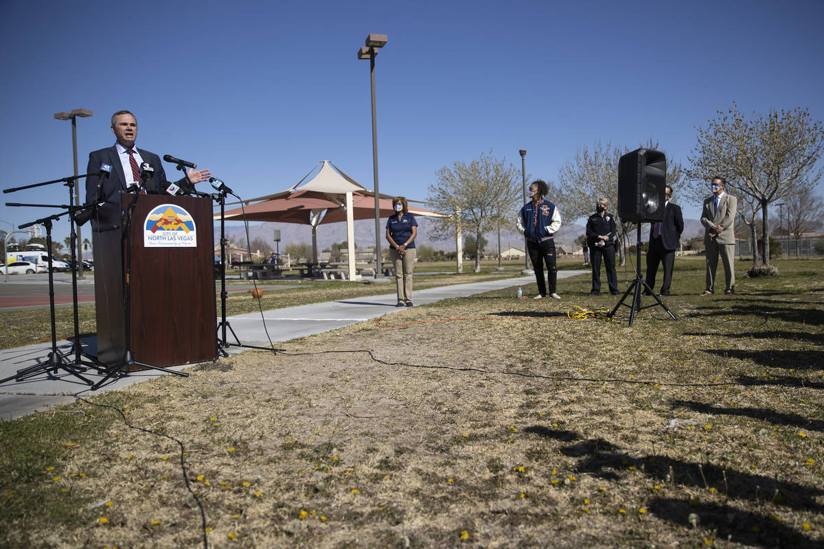 North Las Vegas City Manager Ryann Juden speaks during a press conference calling for the resta ...