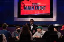 WSOP vice president Jack Effel talks to the players at the final table of the U.S. portion of t ...