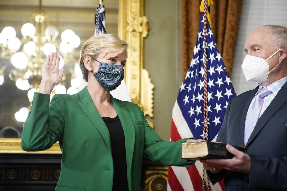 Former Michigan Governor Jennifer Granholm is sworn in as Energy Secretary by Vice President Ka ...