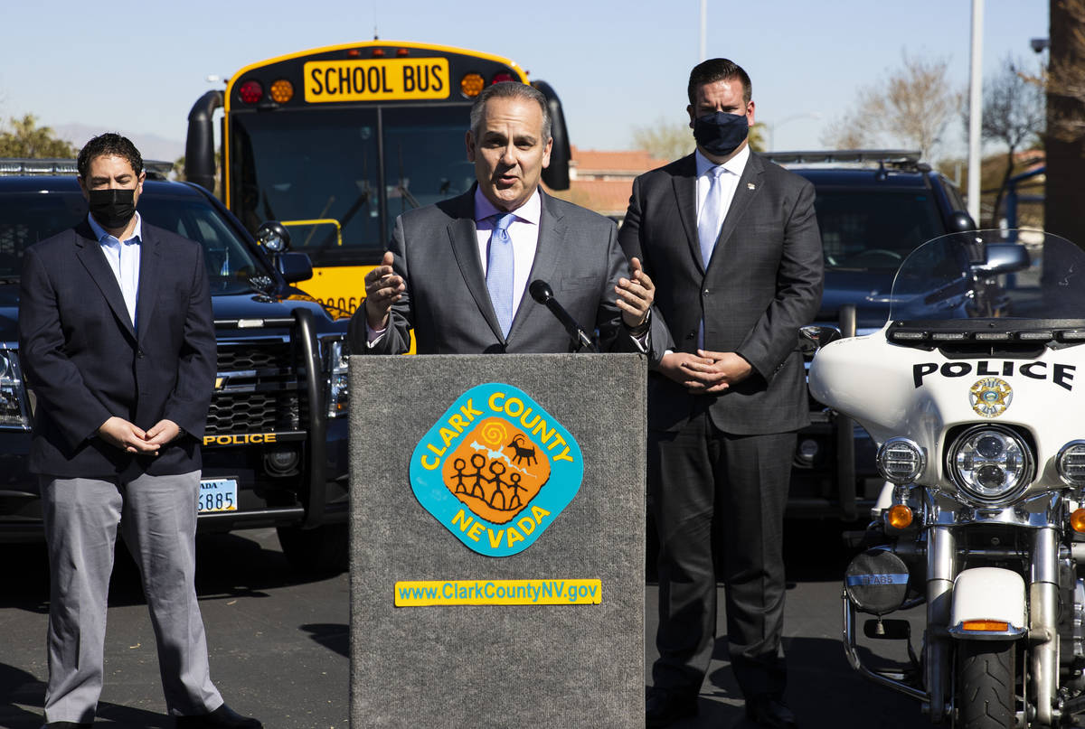 Clark County School District Superintendent Jesus Jara, speaks on school zone safety during a n ...