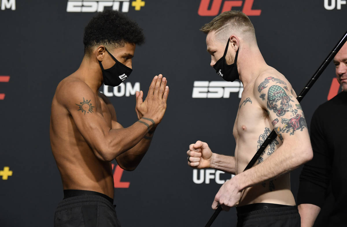 Opponents Alex Caceres, left, and Kevin Croom face off during the UFC weigh-in at UFC APEX on F ...