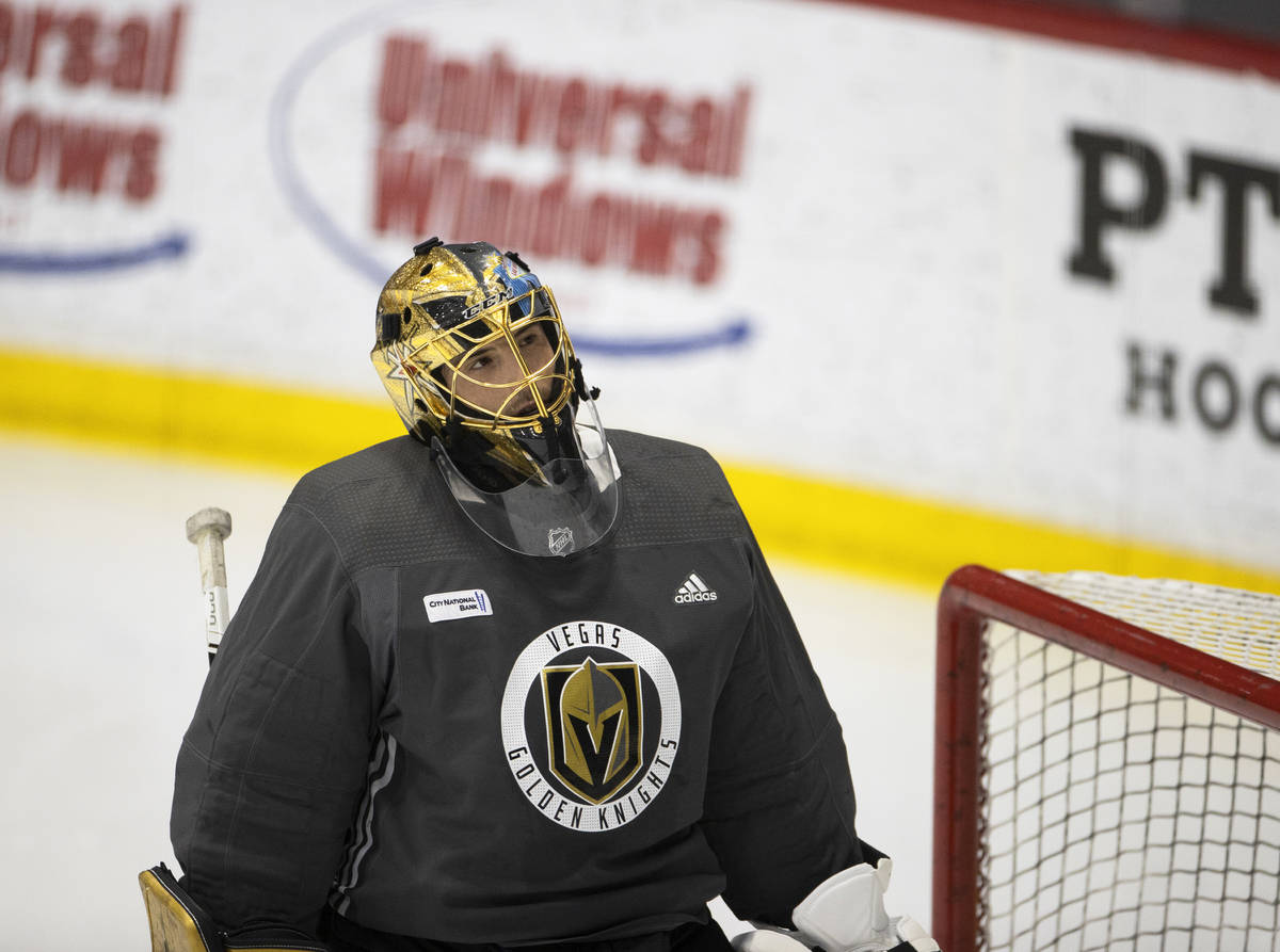 Golden Knights goaltender Marc-Andre Fleury (29) participates in practice at City National Aren ...