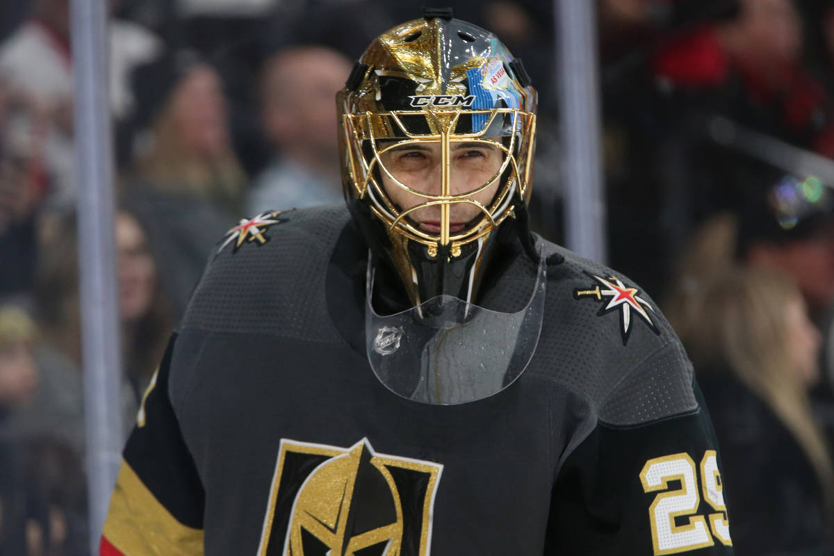 Vegas Golden Knights goaltender Marc-Andre Fleury (29) waits for play to resume in the second p ...