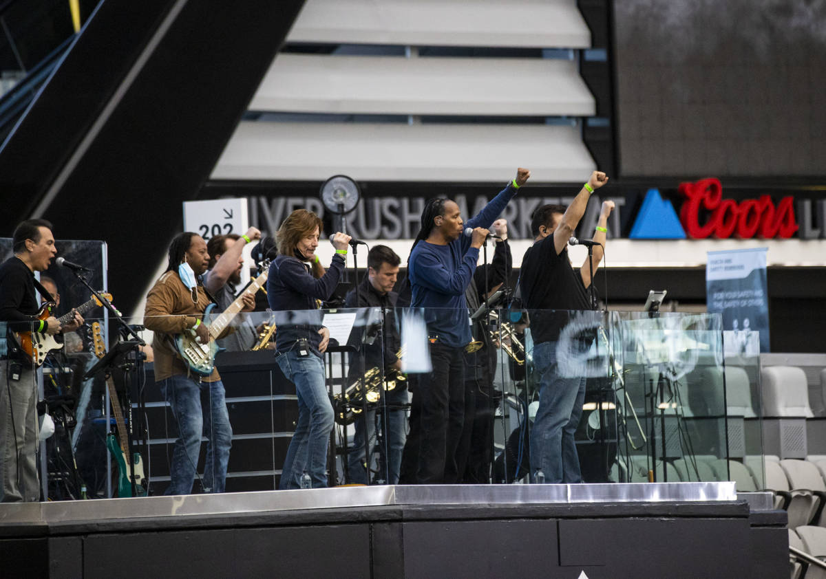 Members of Santa Fe & The Fat City Horns perform during soundcheck at Allegiant Stadium in ...