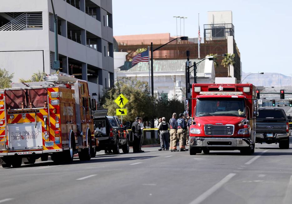 Police and firefighters at the scene where a security officer at the Lloyd George U.S. Courthou ...