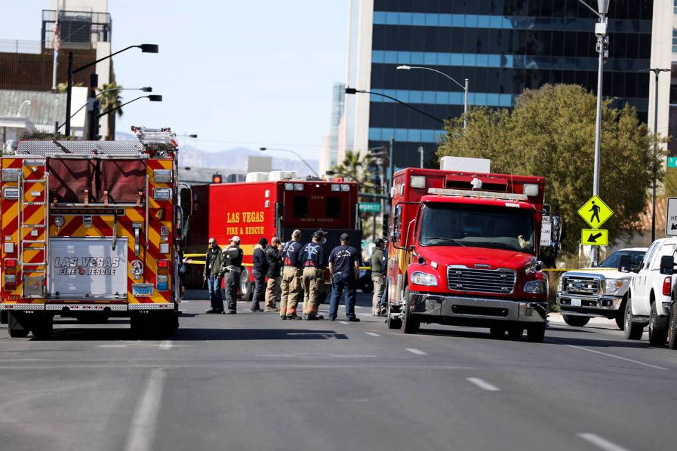 Police and firefighters at the scene where a security officer at the Lloyd George U.S. Courthou ...