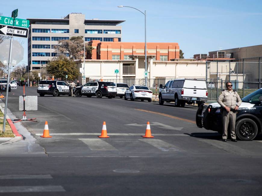 Police at the scene where a security officer at the Lloyd George U.S. Courthouse found an "unus ...