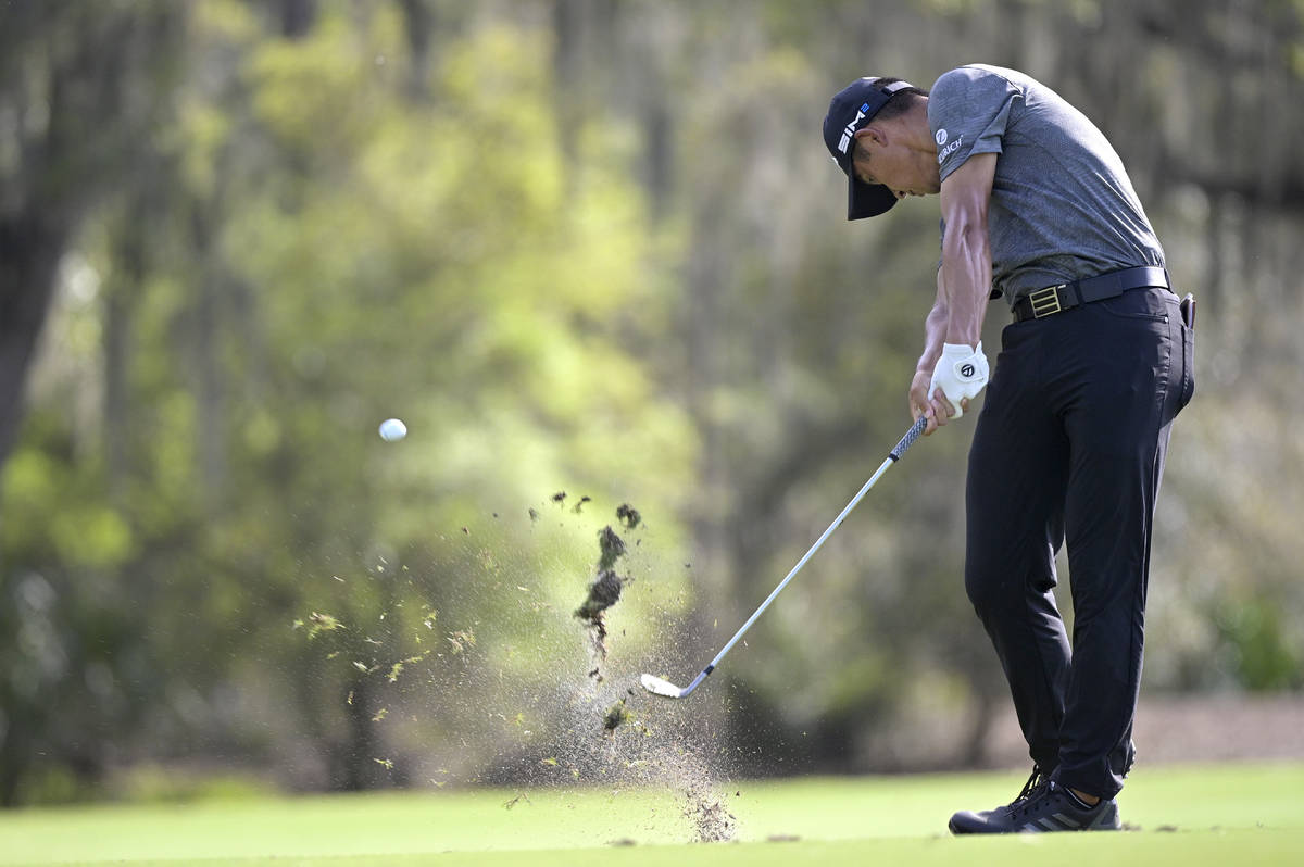 Collin Morikawa hits from the ninth fairway during the final round of the Workday Championship ...