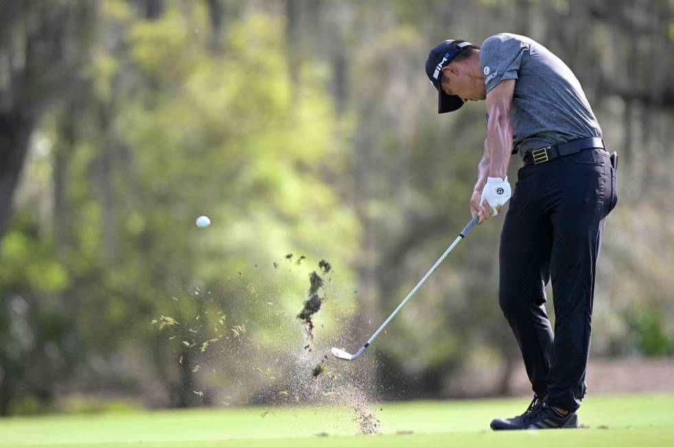 Collin Morikawa hits from the ninth fairway during the final round of the Workday Championship ...