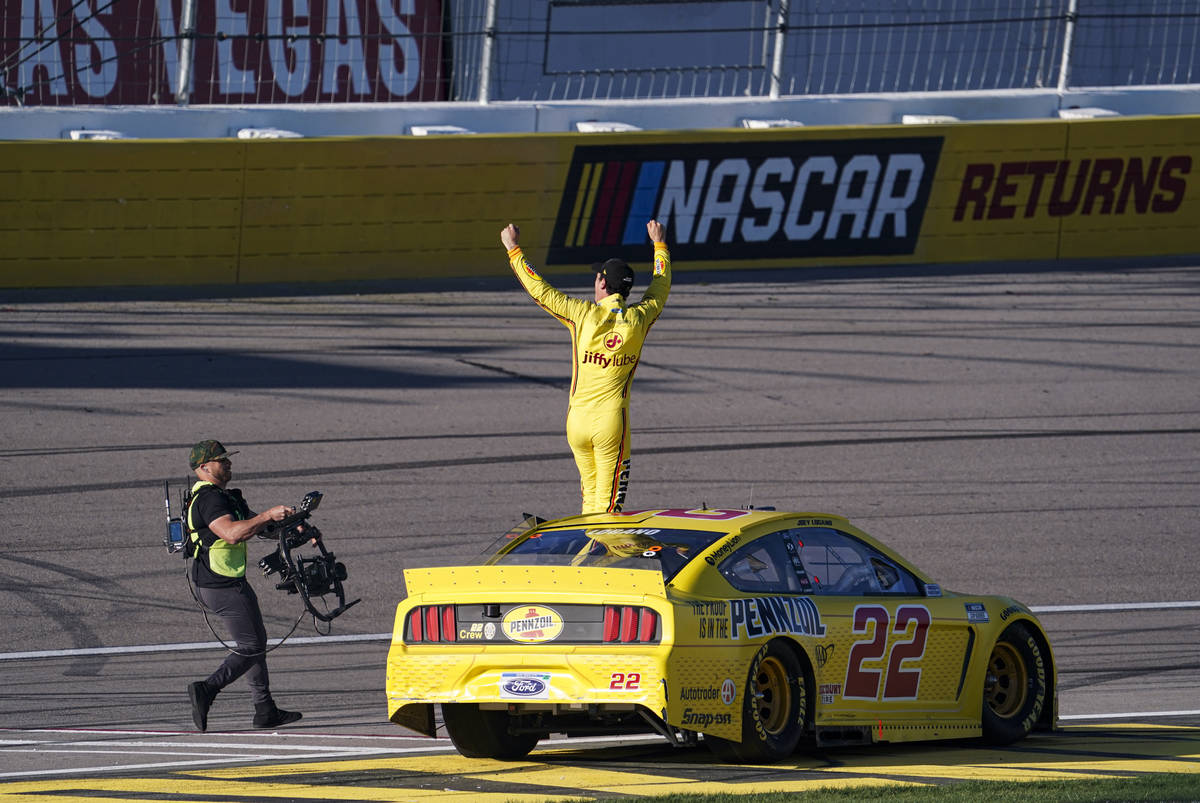 Joey Logano reacts after winning a NASCAR Cup Series auto race at the Las Vegas Motor Speedway ...