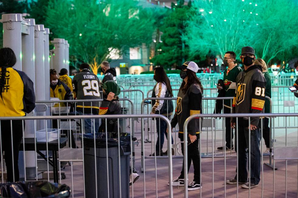 Fans arrive for the first Golden Knights game with fans allowed to return since the start of th ...